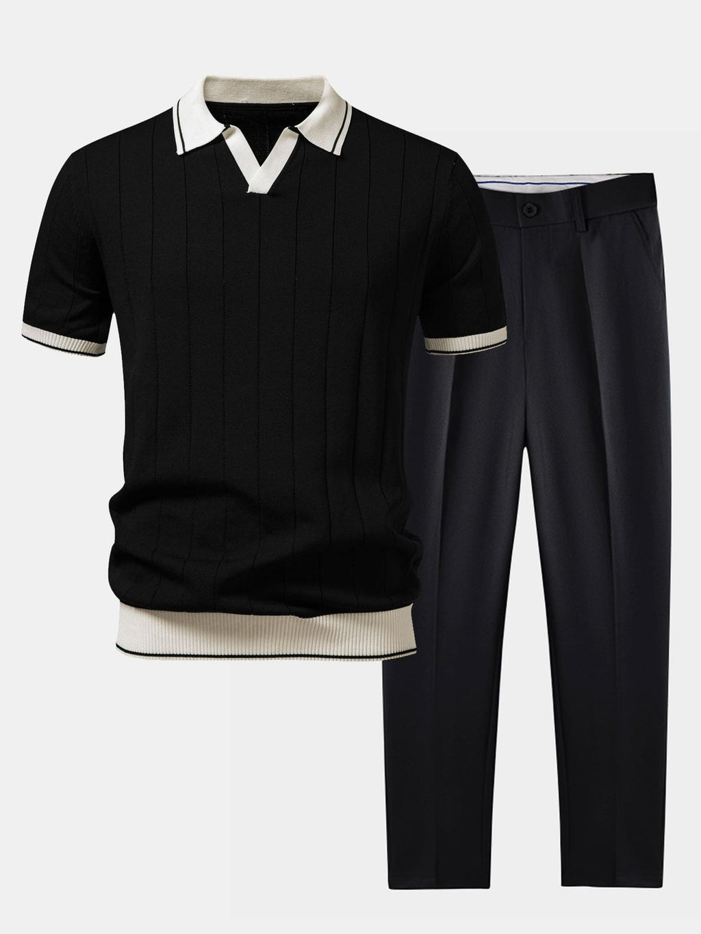 men's casual polo shirt and tapered trousers set in black