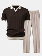 men's casual polo shirt and tapered trousers set in brown