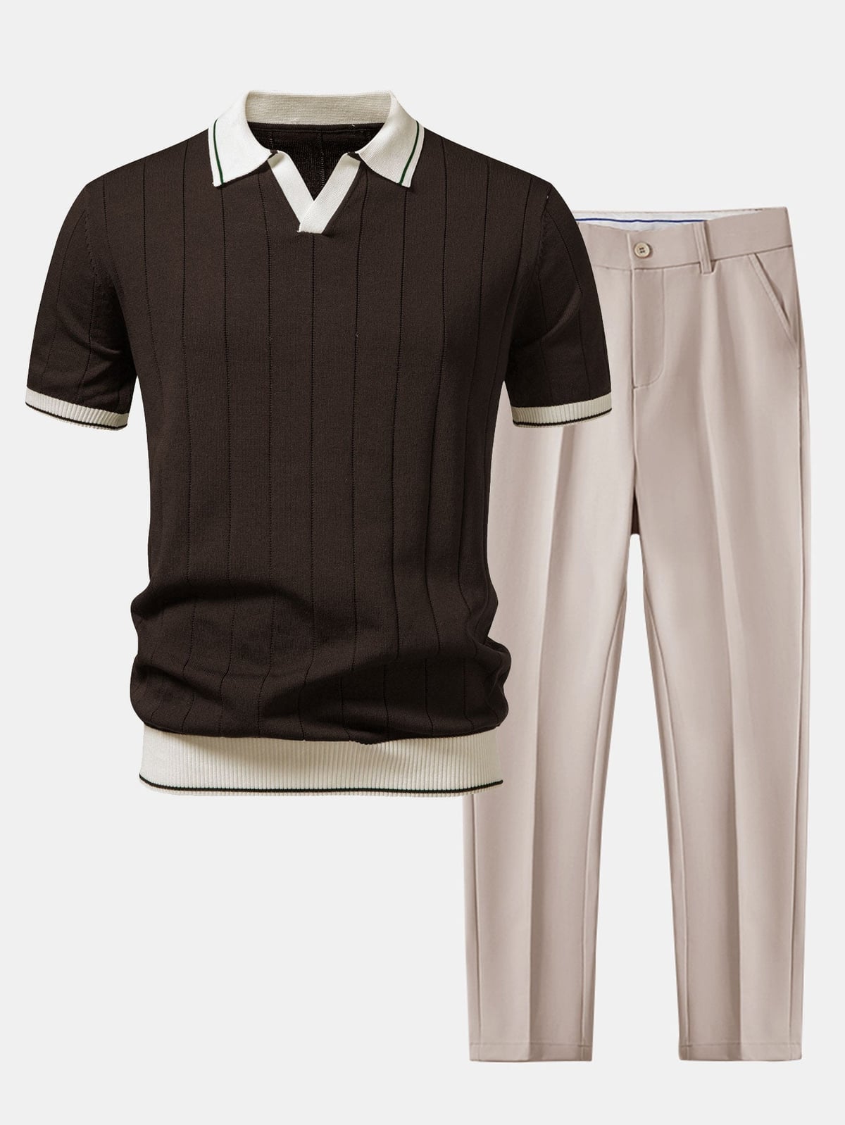 men's casual polo shirt and tapered trousers set in brown