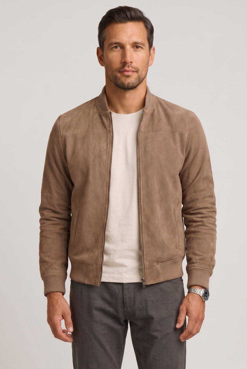 men's casual zip-up bomber jacket in beige