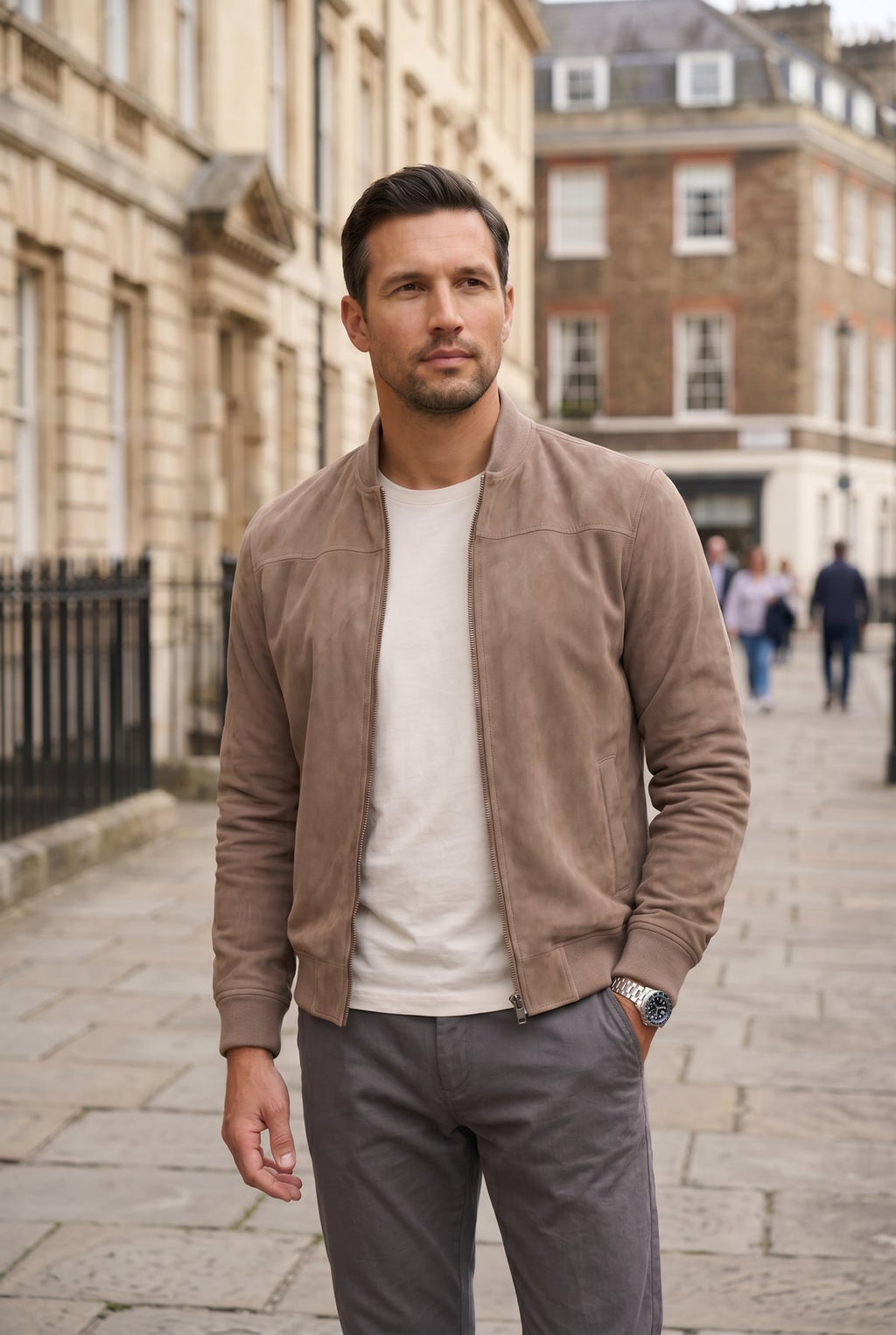 men's casual zip-up bomber jacket in beige