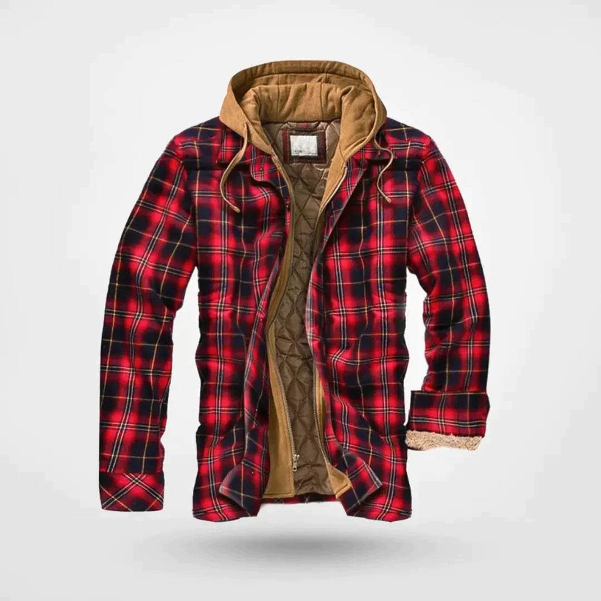 men's check print hooded zip-up sweatshirt in red