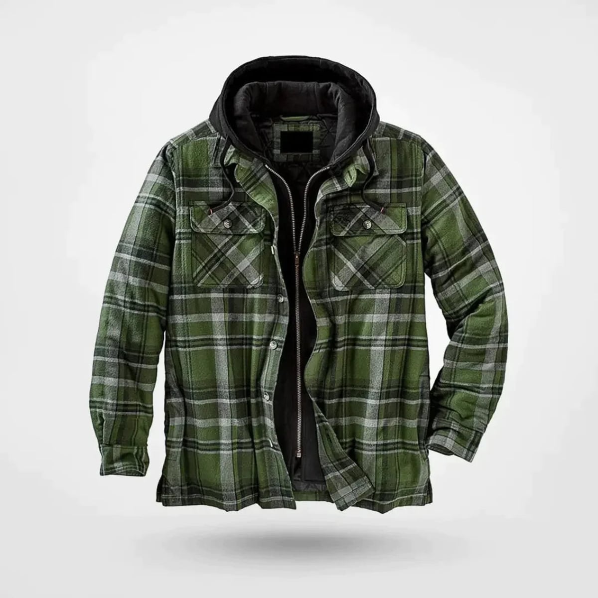 men's check print hooded zip-up sweatshirt in green
