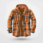 men's check print hooded zip-up sweatshirt in orange
