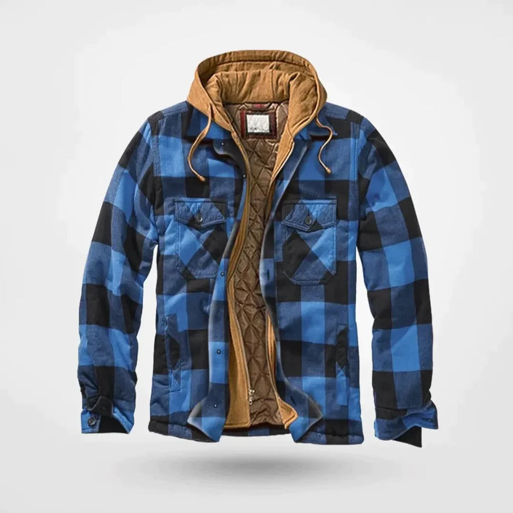 men's check print hooded zip-up sweatshirt in blue