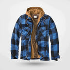 men's check print hooded zip-up sweatshirt in blue
