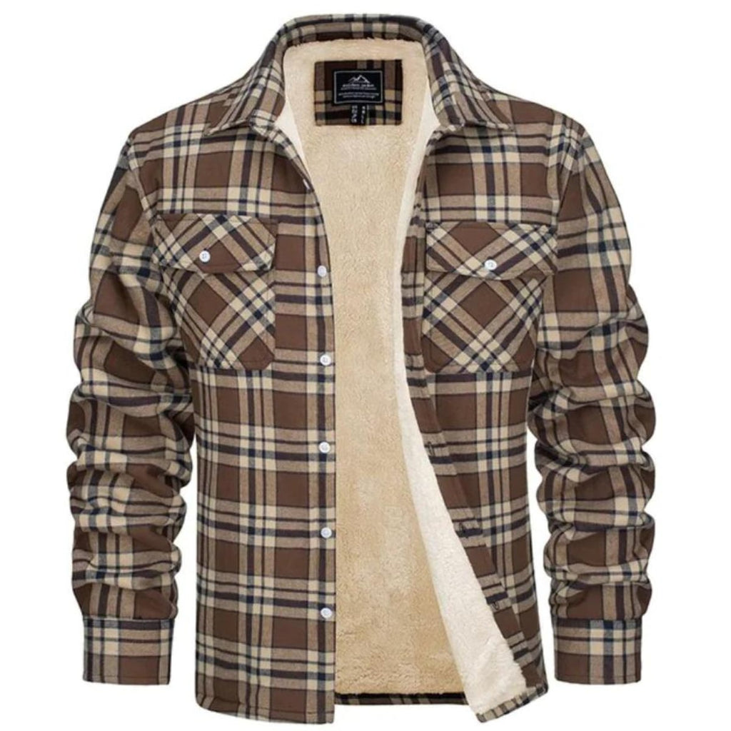 men's checked button-up shirt jacket in khaki