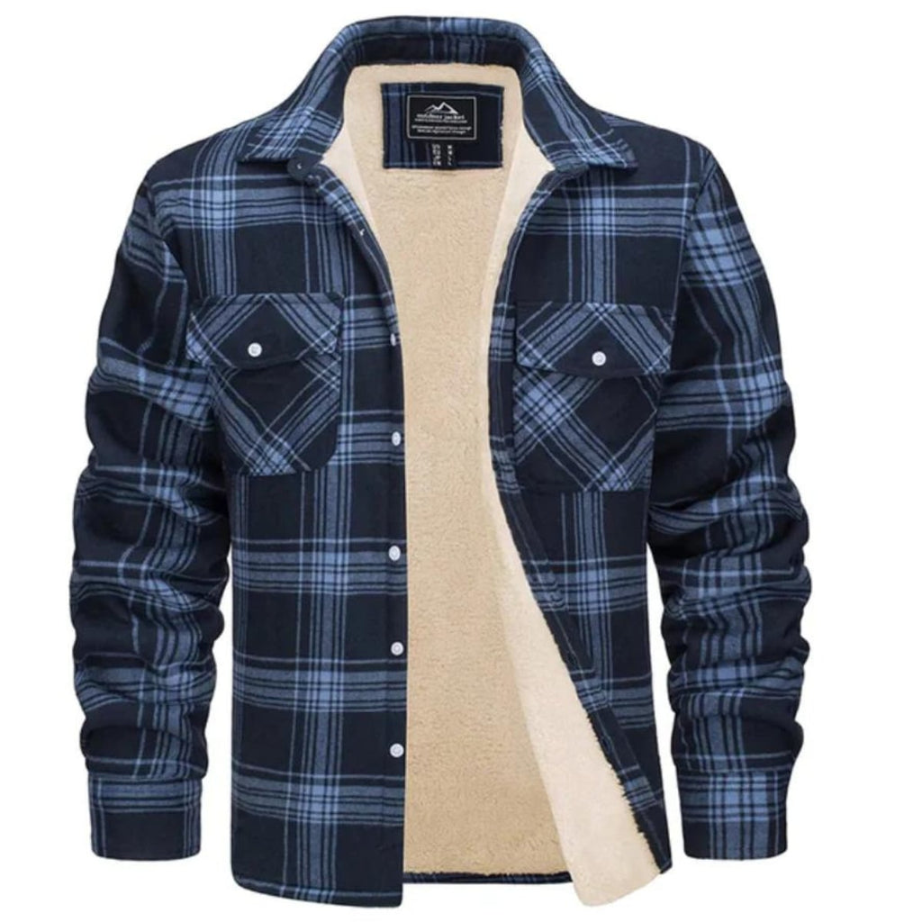 men's checked button-up shirt jacket in navy blue