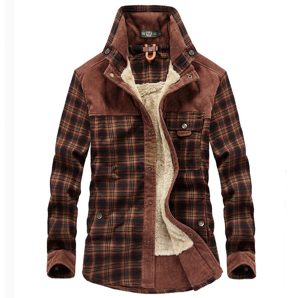 men's checked shirt jacket with pockets in reddish brown