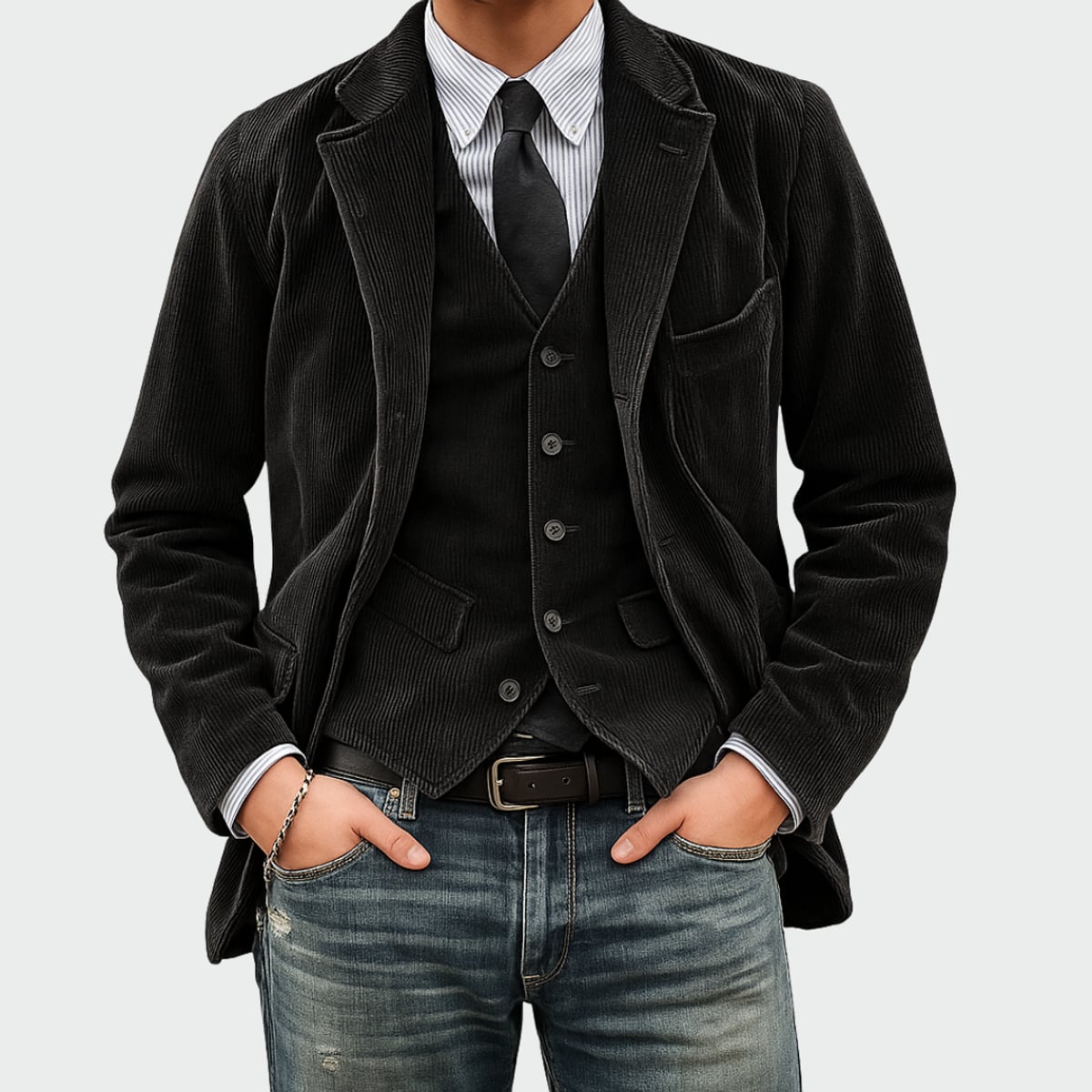 men's corduroy blazer and waistcoat set in black