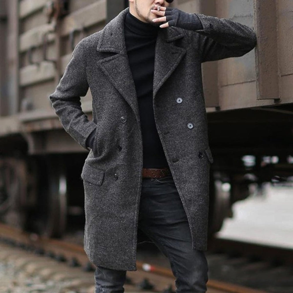 men's double breasted long coat in dark gray