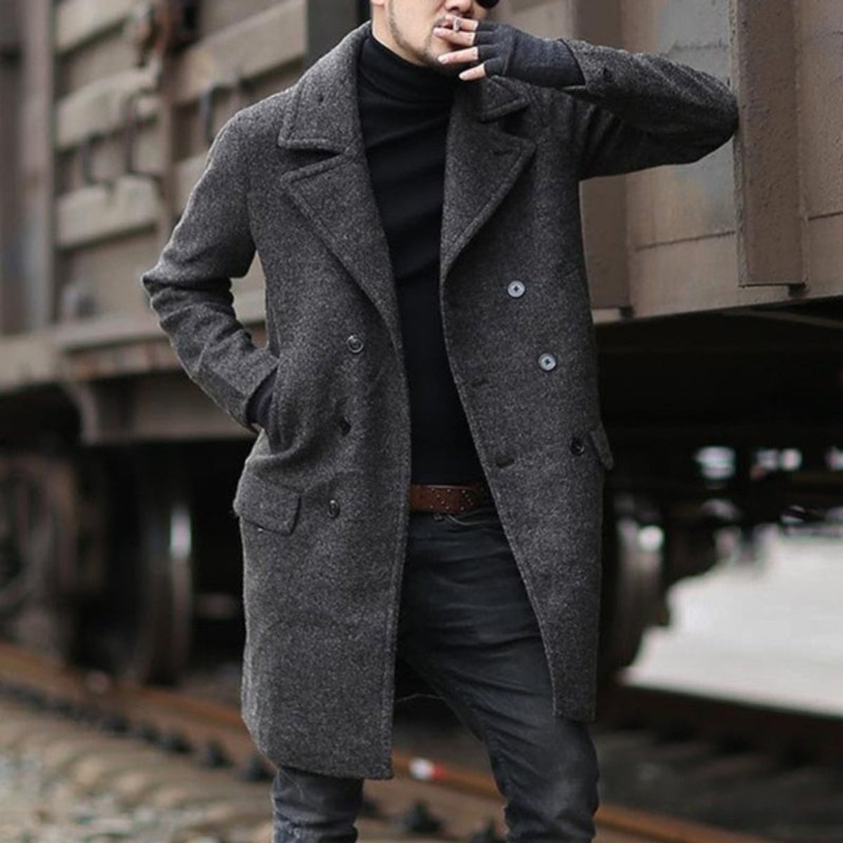 men's double breasted long coat in dark gray