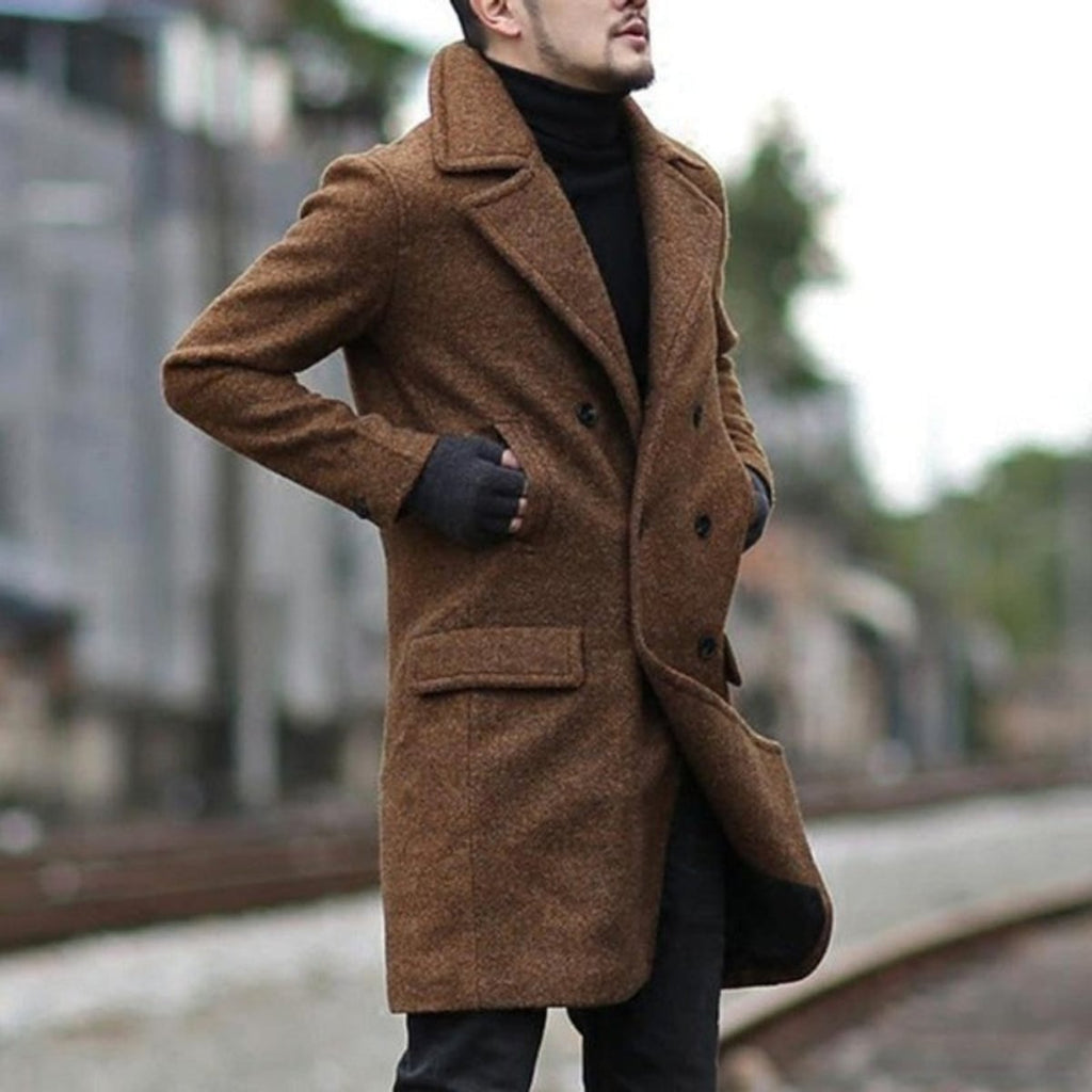 men's double breasted long coat in brown