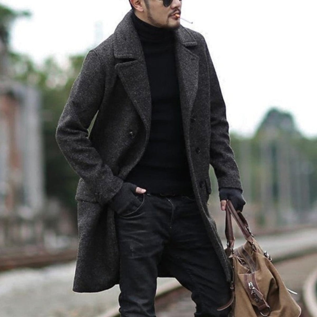 men's double breasted long coat in black