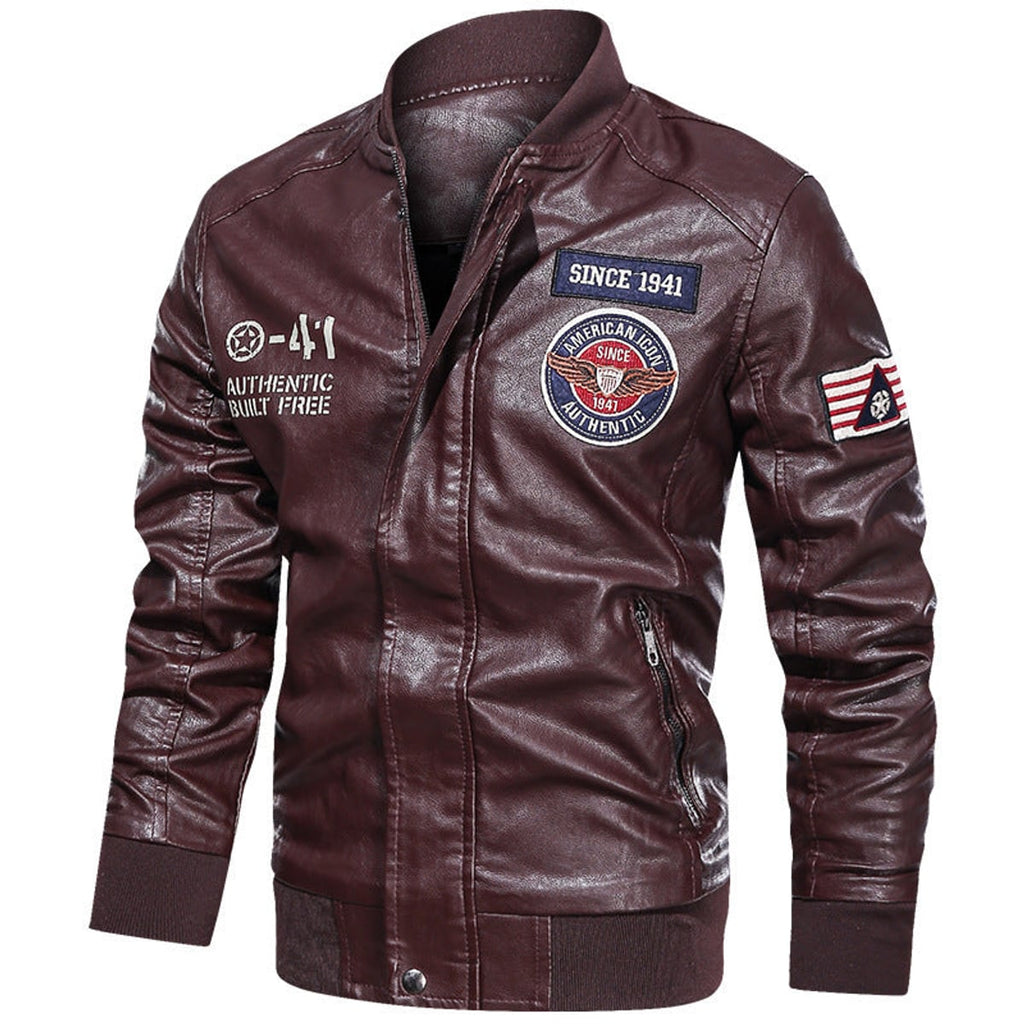 men's embroidered patch stand collar bomber jacket in burgundy