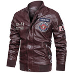 men's embroidered patch stand collar bomber jacket in burgundy
