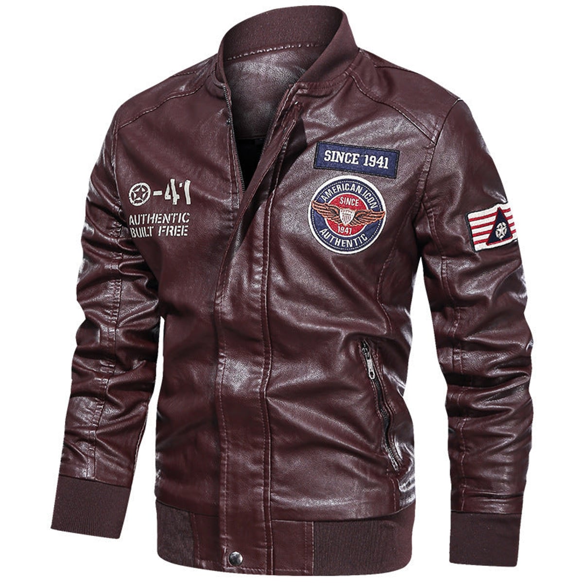 men's embroidered patch stand collar bomber jacket in burgundy