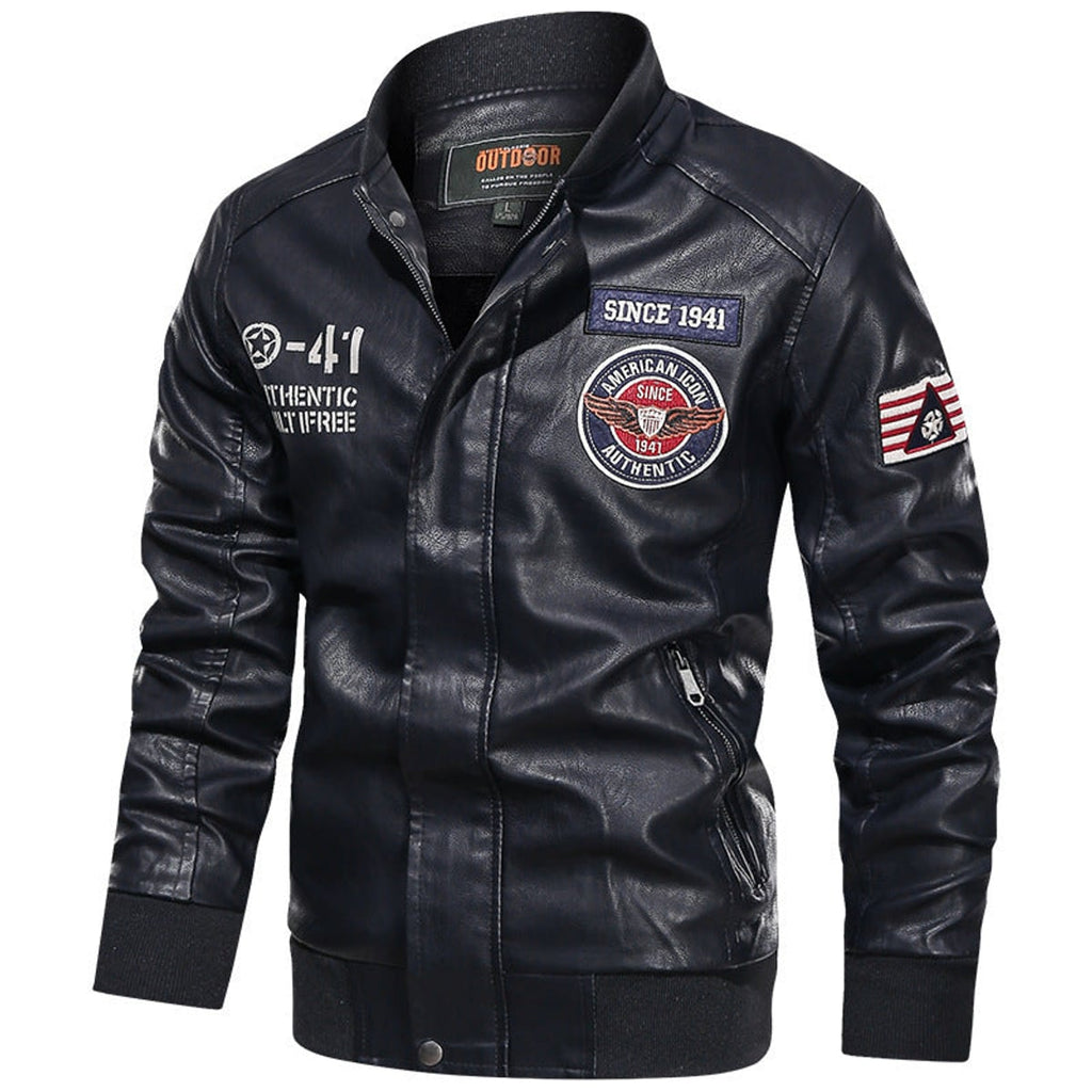 men's embroidered patch stand collar bomber jacket in black