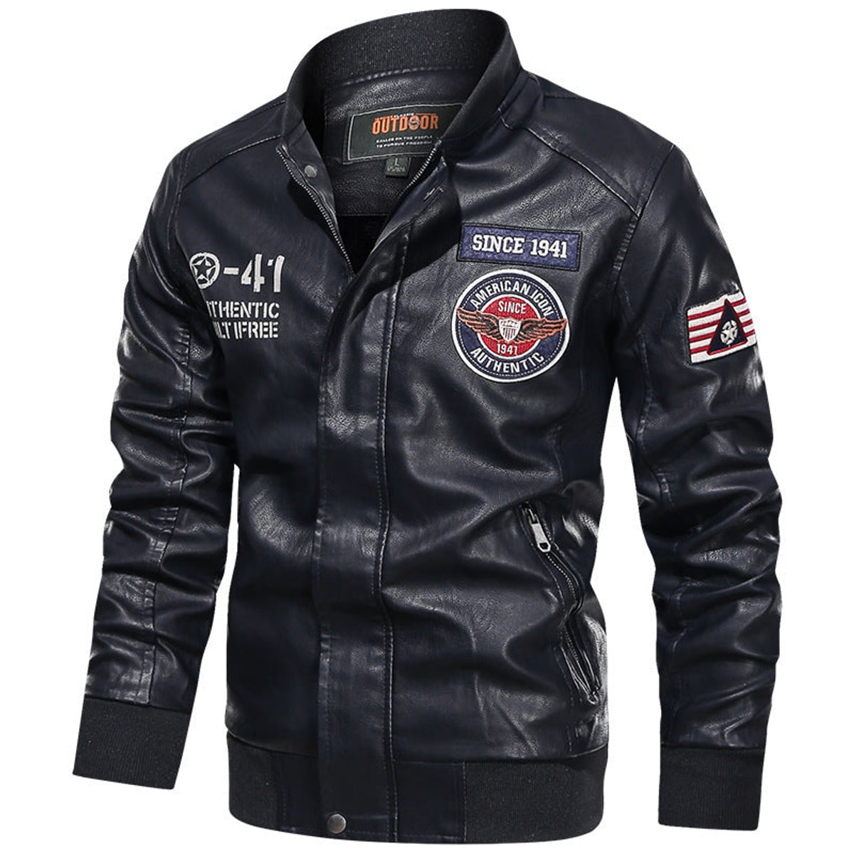men's embroidered patch stand collar bomber jacket in black