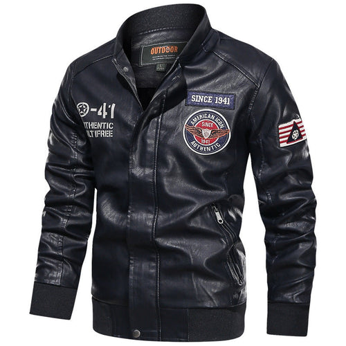 men's embroidered patch stand collar bomber jacket in black