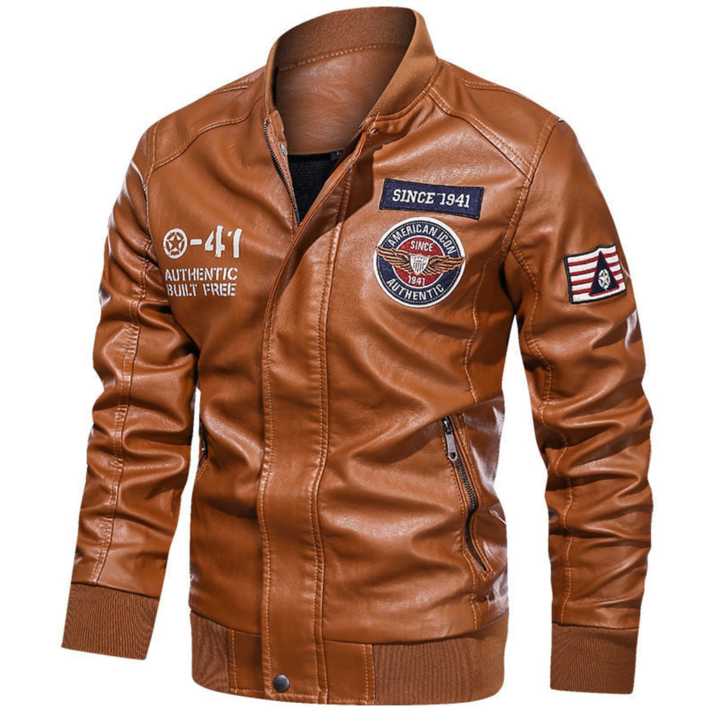 men's embroidered patch stand collar bomber jacket in light brown