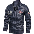 men's embroidered patch stand collar bomber jacket in royal blue