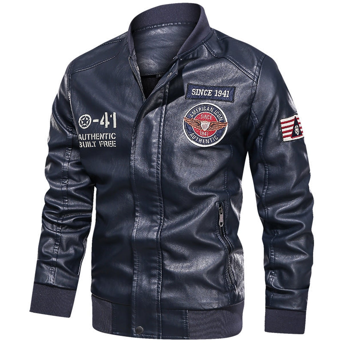 men's embroidered patch stand collar bomber jacket in royal blue
