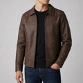 men's fitted distressed zip-up biker jacket in brown
