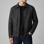 men's fitted distressed zip-up biker jacket in black