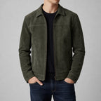 men's fitted distressed zip-up biker jacket in olive green