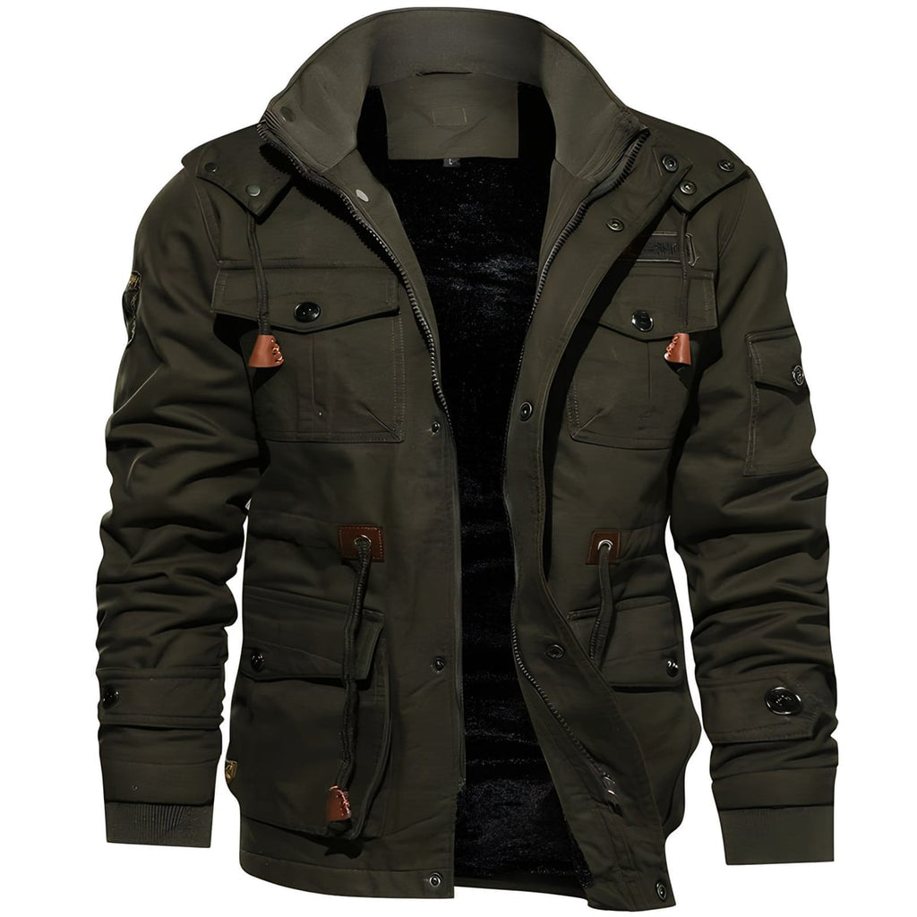 men's fleece-lined military cargo jacket in dark green