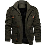 men's fleece-lined military cargo jacket in dark green