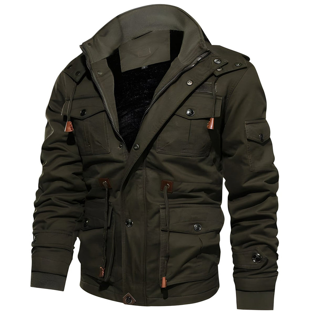 men's fleece-lined military cargo jacket in dark green