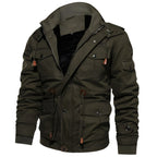 men's fleece-lined military cargo jacket in dark green