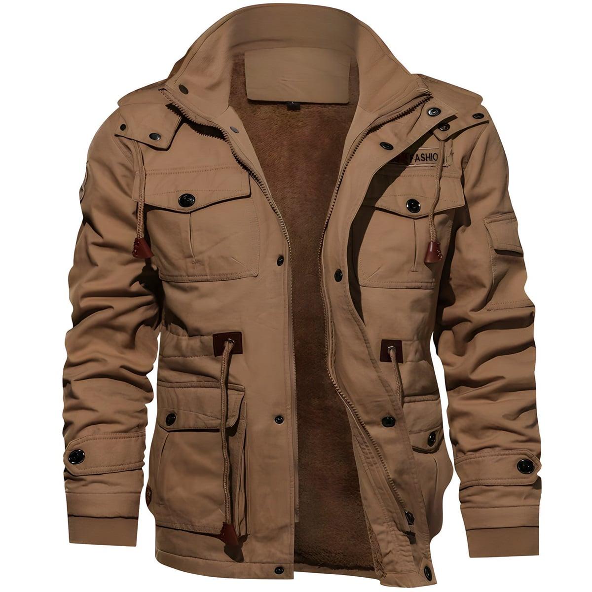 men's fleece-lined military cargo jacket in brown
