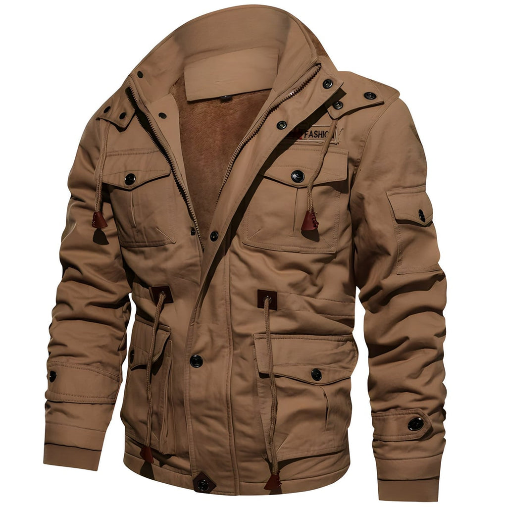 men's fleece-lined military cargo jacket in brown