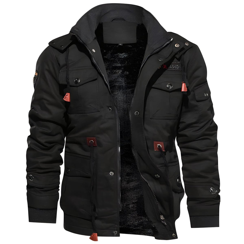 men's fleece-lined military cargo jacket in black