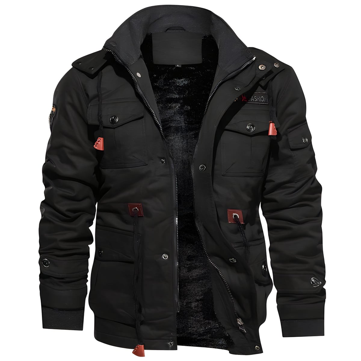 men's fleece-lined military cargo jacket in black