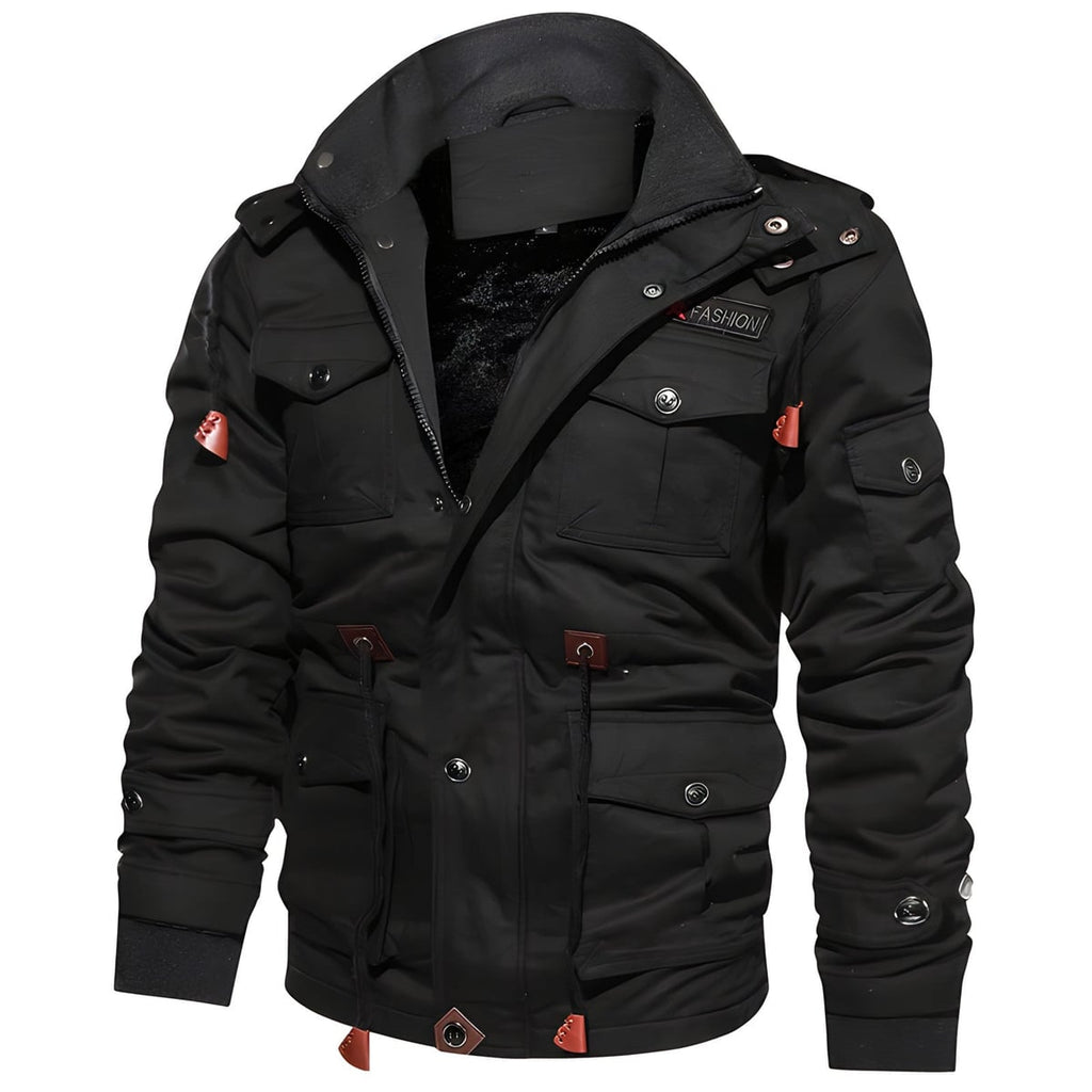 men's fleece-lined military cargo jacket in black