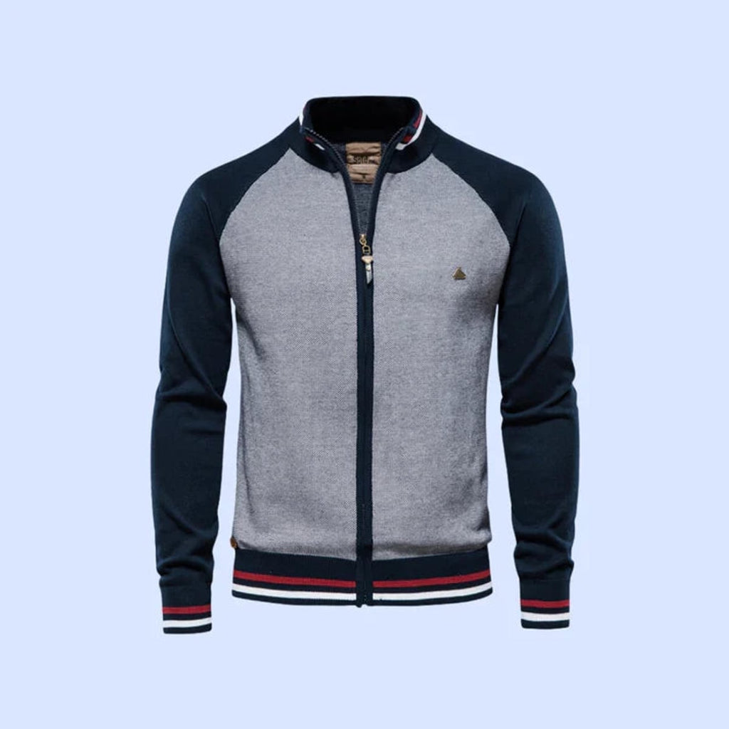 men's full zip knit bomber jacket in navy blue