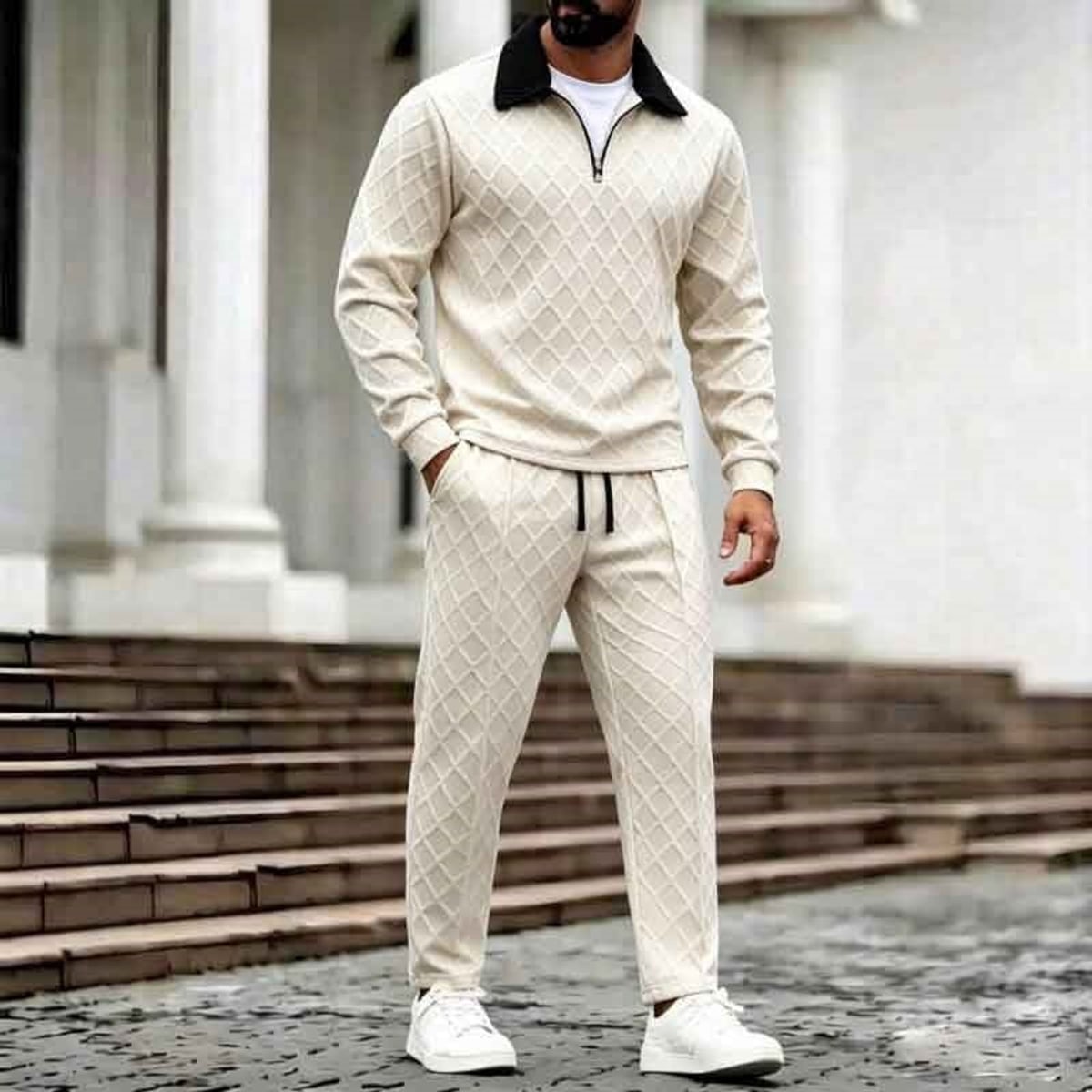 men's half-zip lounge set in khaki
