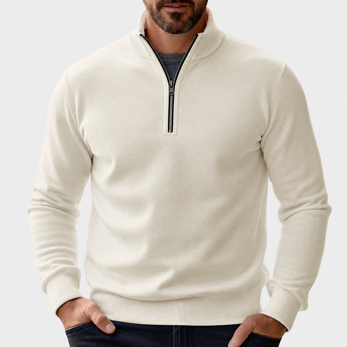 men's half zip pullover sweater in beige