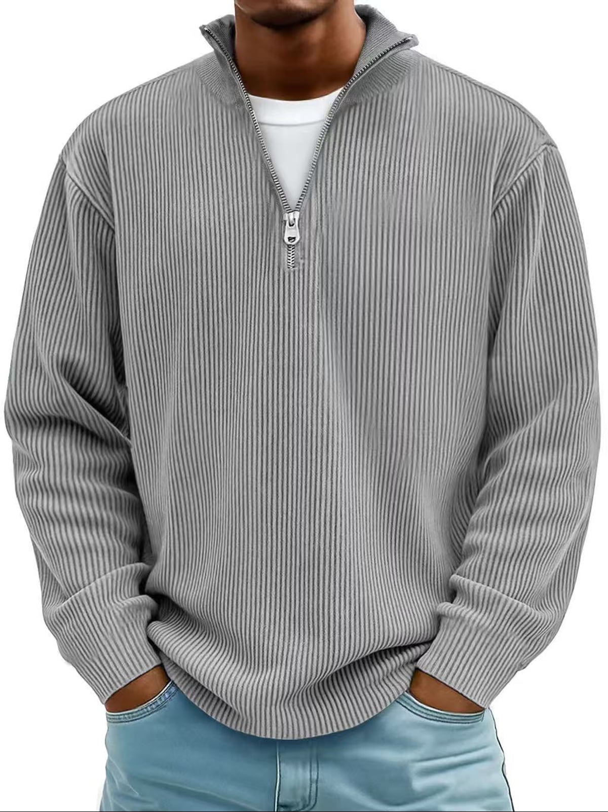 men's half zip ribbed pullover sweater in gray