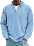 men's half zip ribbed pullover sweater in blue