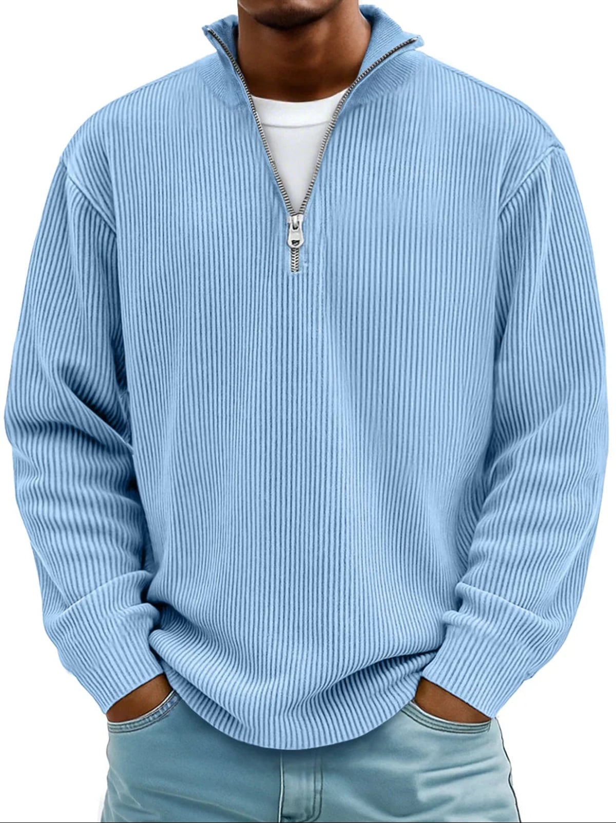 men's half zip ribbed pullover sweater in blue