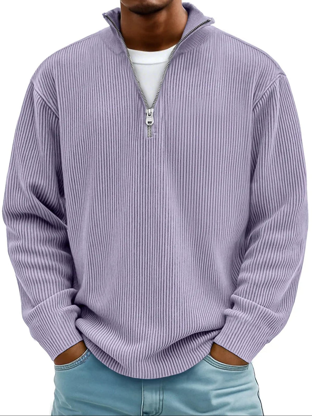 men's half zip ribbed pullover sweater in purple