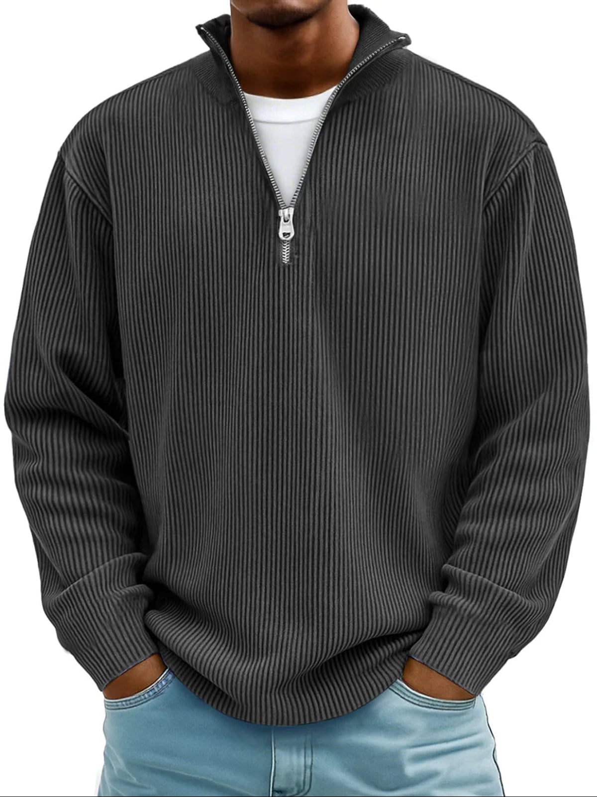 men's half zip ribbed pullover sweater in black