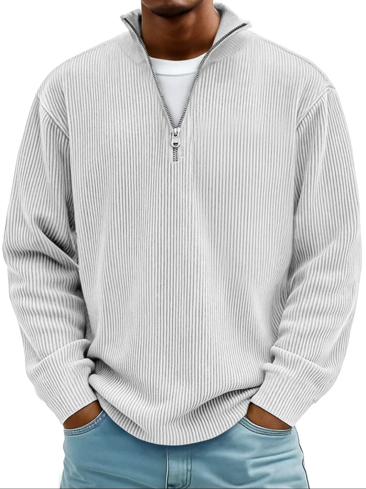 men's half zip ribbed pullover sweater in white