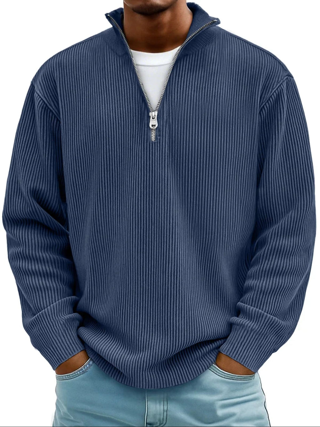 men's half zip ribbed pullover sweater in navy