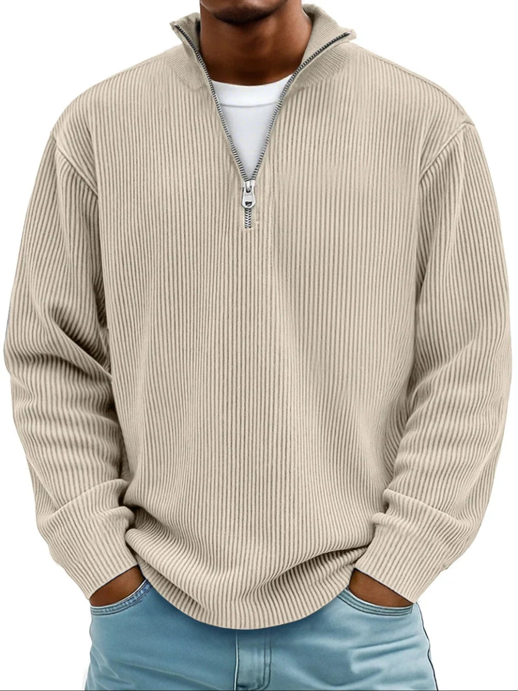 men's half zip ribbed pullover sweater in khaki